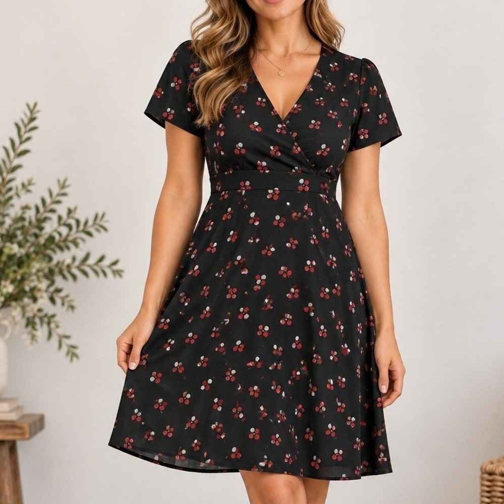 Awear Cherry Print Mini Dress Black Short Sleeve Tie Waist size 14 Retro Y2K